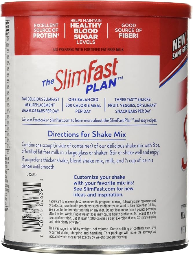 SlimFast Original Strawberries & Cream Meal Replacement Shake Mix – Weight Loss Powder – 12.83 Oz. Canister – 14 Servings - Pantry Friendly