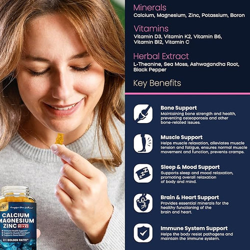 (2 Pack) Calcium Magnesium Zinc Gummies with Vitamin D3, K2, B12 & B6 for Adults, Sugar Free Magnesium Glycinate with Potassium Sea Moss Supplement, Calcium Citrate for Bone Mood & Sleep Support