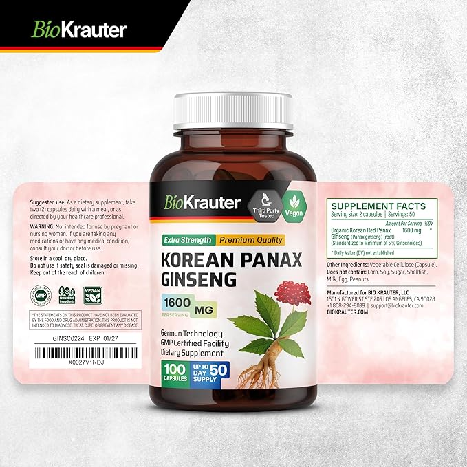 BIO KRAUTER® Ginseng Supplement for Energy, Focus, Performance & Immune Support - Pure Vegan Korean Red Ginseng 1600 mg per Serving - 100 Сapsules, 50-Day Supply, Non-GMO Herbal Supplement