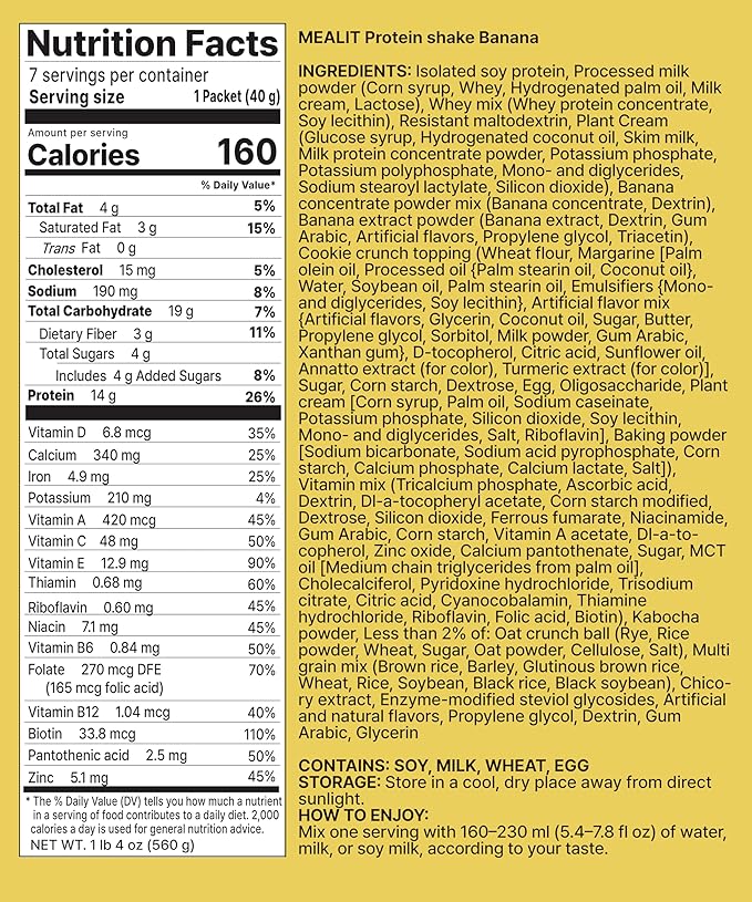 Banana Protein Shake, 14g Protein & High Fiber, Low Sugar, Keto-Friendly Meal Replacement Powder with Korean Cookie Crumble (Soboro) & Oat Crunch Balls 19.8 oz 14 Servings