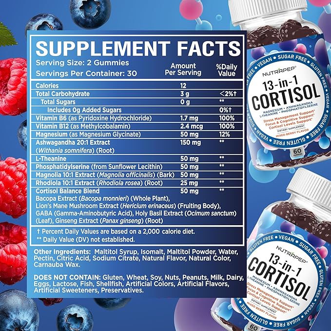 Cortisol Gummies for Women Men - 13-in-1 High Cortisol Reducer with Ashwagandha Magnesium L-theanine Rhodiola Rosea - Daily Cortisol Detox Manager for Stress Focus Support (Pack of 2)