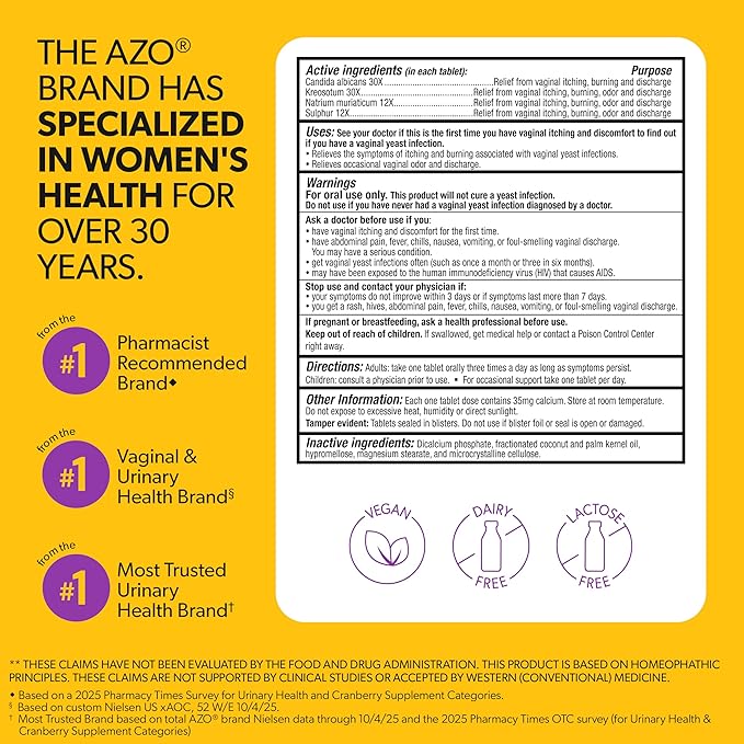 AZO Yeast Plus Dual Relief Homeopathic Medicine | Yeast Infection Symptom Relief: Itching & Burning | Vaginal Symptom Relief: Occasional Odor & Discharge | #1 Most Trusted Brand | 2 Pack (60ctx2)