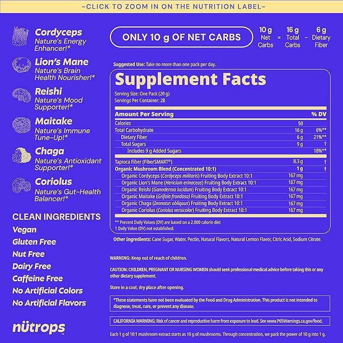 Grüns Nutrops Lions Mane Mushroom Gummies for Adults, Functional Nootropics, Herbal Brain Supplement for Energy, Brain Health, Cognitive, Memory & Focus, Reishi, Chaga, Cordyceps, Coriolus, 28 Count