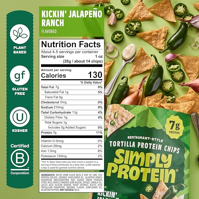Simply Protein - Tortilla Chips, Restaurant Style Protein Chips, Jalapeno Ranch (3-Pack) - 7g Protein, 140 Calories, Gluten Free, Vegan - Crispy Plant Based Pea Protein Snacks - 3 Bags, 4.58oz (130g)