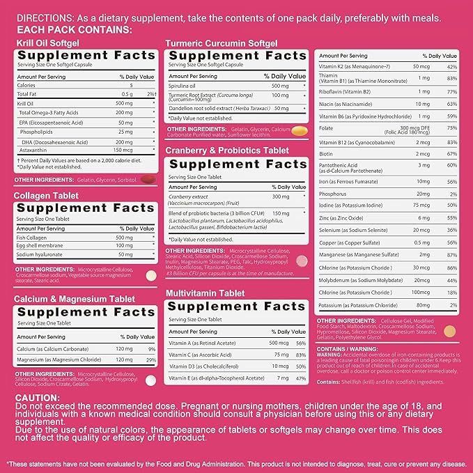 Multivitamin for Women with Vitamin A,B,C,D3,E,K2,Biotin, Collagen,Krill Oil,Cranberries Supports Energy,Wellness,Beauty and Immune - Vitamin Packs for Women Health 30 Packs