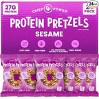 CRISP POWER Protein Pretzels, Sesame, 27G Protein, High Protein Snack, High Fiber, Low Carb Crunchy Pretzel Snacks, No Added Sugar, 1.75 oz Bags, 24 Pack, Vegan, Keto
