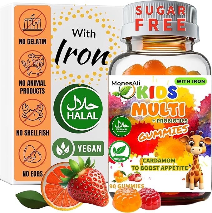 Kids Multivitamin Gummies with Iron & Probiotics - Vegan, Gelatin-Free, Halal, Orange & Strawberry Flavors, 90 Count
