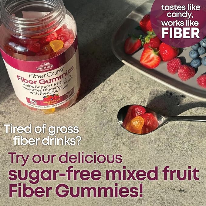 Country Farms Fiber Care Prebiotic Gummies, 6g of Fiber Per Serving, GLP-1 Booster, FOS from Beets, Digestive Health and Bloat, Supports Regularity, Mixed Fruit Flavor, 120 Gummies, 40 Servings