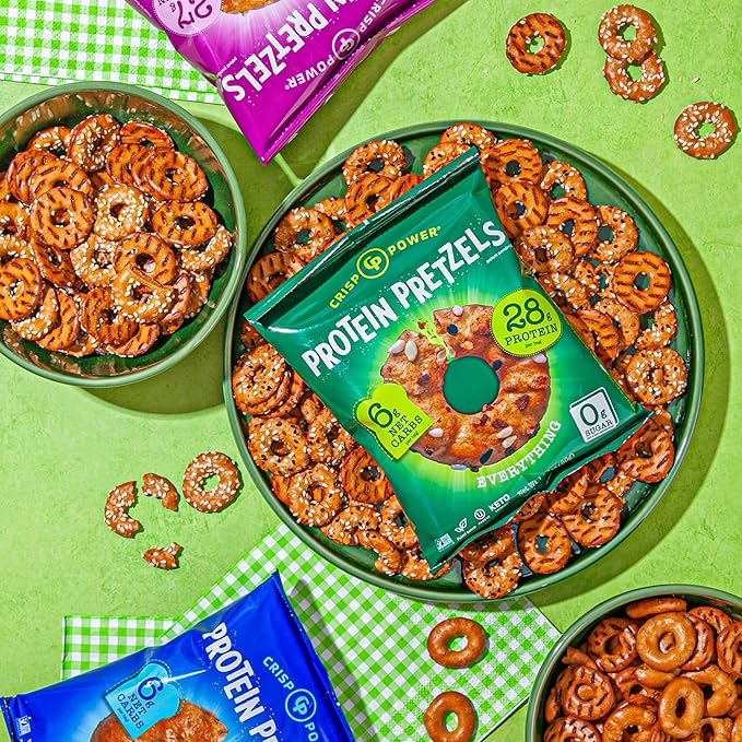 CRISP POWER Protein Pretzels, Variety Pack With Sea Salt, Sesame, & Everything, Up To 28G Protein, High Protein Snack, High Fiber, Low Carb Crunchy Pretzel Snacks, No Added Sugar, 1.75 oz Bags, 24 Pack, Vegan, Keto