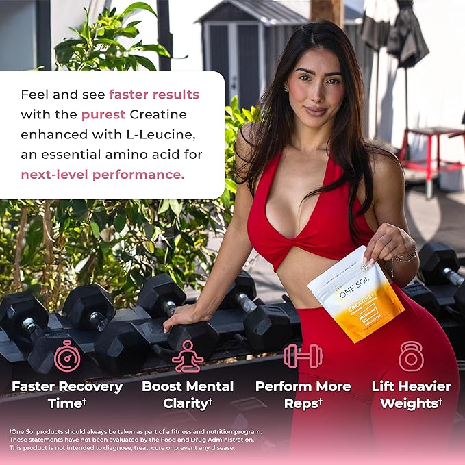 One Sol Creatine for Women, All Natural Women’s Creatine Powder w Creapure & Leucine, Increase Lean Muscle Mass, Reduce Recovery Time, Promotes Brain & Bone Health (Unflavored, 60 Servings)