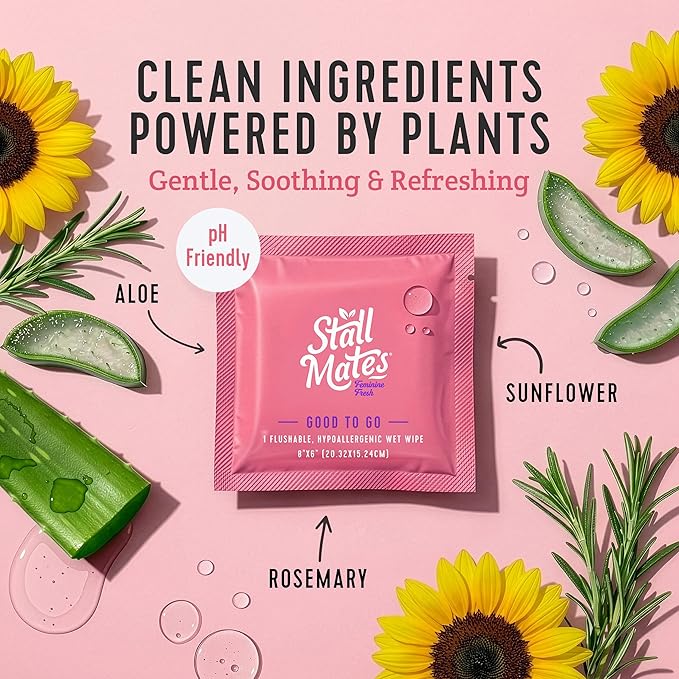 Stall Mates Feminine Fresh - Flushable Wipes, Individually Wrapped Cleansing Travel Friendly PH balanced Unscented with Sunflower, Rosemary and Aloe (30 on-the-go singles)