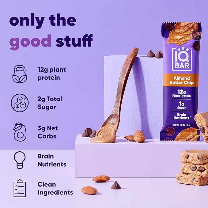 IQBAR Clean Plant Protein Bars - Almond Butter Chip - 24 Count - Keto, Vegan, High Fiber, Gluten and Dairy Free, Low Sugar Snack - Brain and Body Nutrients for Focus, Energy, Meal Replacement