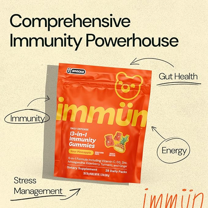 Grüns Immun Immunity Gummies with Vitamin C, Zinc, MCT Oil, & Turmeric - Daily Immune Support Supplement for Adults - Sour Pineapple Flavor (28 Count)