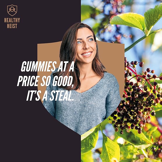 Sambucus Black Elderberry Gummies with Zinc and Vitamin C by Healthy Heist, 140 Gummies, Chewable Immune Support for Adults and Kids, Non GMO, Kosher, Pectin, Vegan, Delicious Berry Flavor