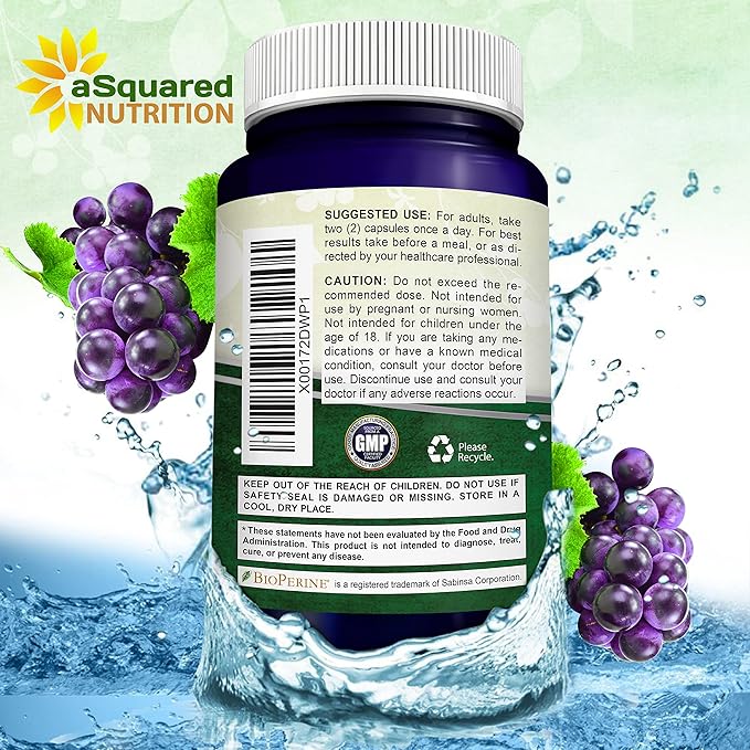 aSquared Nutrition Natural Resveratrol with Red Wine Extract - 180 Capsules - Trans Resveratrol Antioxidant Supplement Pills for Pure Heart Health - Extra Strength Trans-Resveratrol