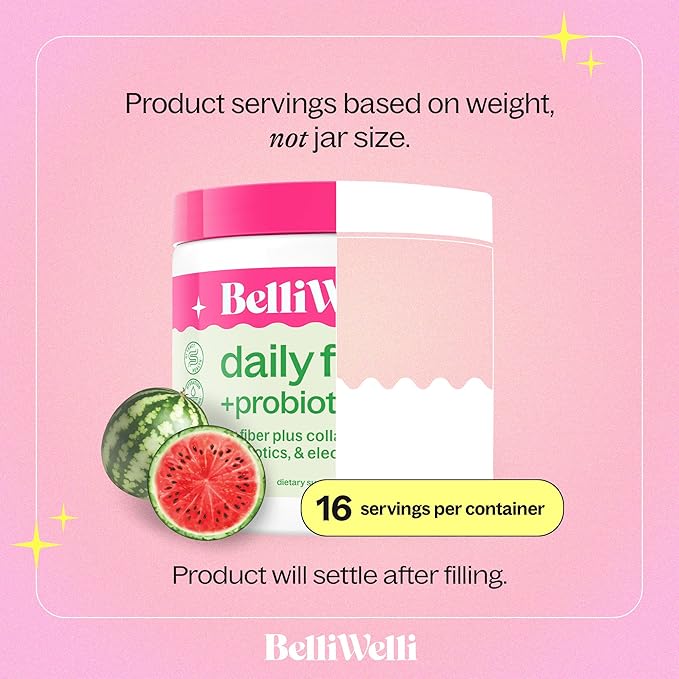 Belli Welli Fiber Supplement for Women & Men – Premium Daily Fiber Powder from Organic Acacia with Added Collagen, Electrolytes & Probiotics – No Bloat, Constipation & Gut Health Support (Watermelon)