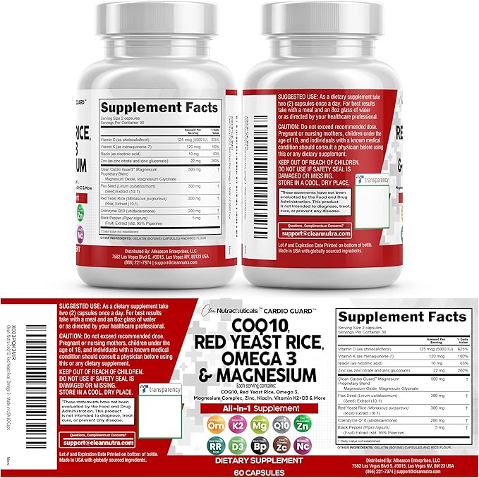 Clean Nutraceuticals COQ10 200mg Red Yeast Rice Omega 3 Magnesium Complex 500mg Niacin Zinc Vitamin K2 D3 - Heart Support Vitamins for Women & Men w/Vitamin B3, Coenzyme Q10-60 Ct