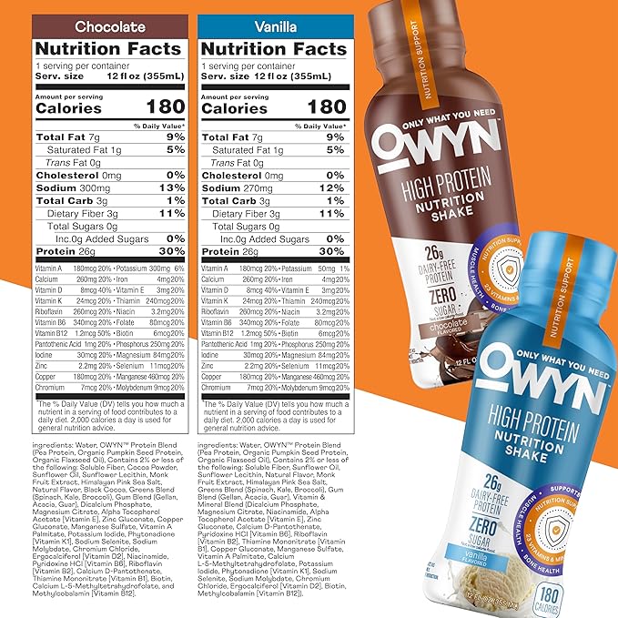 OWYN Only What You Need High Protein Shake, Chocolate and Vanilla Flavored, 26g Protein, 0g Sugar, 3g Fiber, Dairy Free, Plant Based Protein Drink, 12 Count