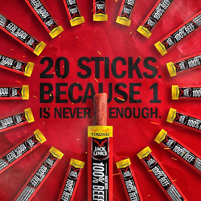 Jack Link's Beef Sticks, Teriyaki - Protein Snack, Meat Stick with 5g of Protein, Beef Jerky Snack Sticks Made with 100% Meat, Keto Friendly, Individually Wrapped - 0.92 Oz. (20 Count)