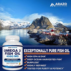 Arazo Nutrition Wild Caught Omega-3 Fish Oil Concentrate – 4,080mg per Serving – High EPA 1200mg & DHA 900mg – 90 Burpless Lemon Softgels