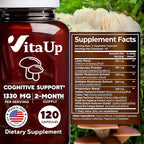 VitaUp Mushroom Supplement - USA Made 10 in 1 Mushroom Complex - Mushroom Capsules with Lions Mane, Cordyceps, Turkey Tail, Reishi, Shiitake for Cognitive & Immune Support - 120 Count