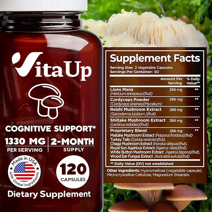 VitaUp Mushroom Supplement - USA Made 10 in 1 Mushroom Complex - Mushroom Capsules with Lions Mane, Cordyceps, Turkey Tail, Reishi, Shiitake for Cognitive & Immune Support - 120 Count