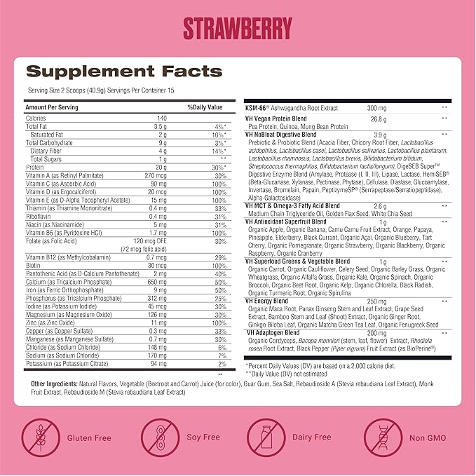 VitaHustle ONE Vegan Strawberry Protein Powder - 20g Plant Protein Meal Replacement with 86+ Superfoods & Greens, Probiotics + No Bloat Digestive Blend - Dairy Free, Gluten Free (15 Servings)