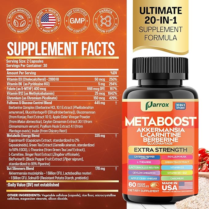 GLP-1 Booster Supplement, Akkermansia, L-Carnitine, Berberine (GlucoVantage), Methylfolate, Methylated B12, Chromium, Capsimax, Psyllium Husk, Probiotics Vitamins D3, B6, 20-in-1 Plant-Based (60 Caps)