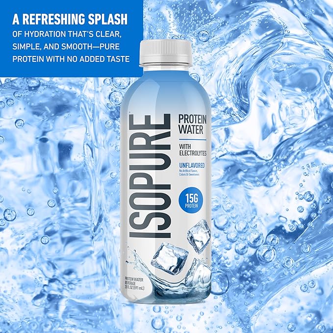 Isopure Clear Protein Water with Electrolytes, 15g Whey Protein Isolate, Zero Sugar, Unflavored, 20 fl oz Bottles, 12-Pack