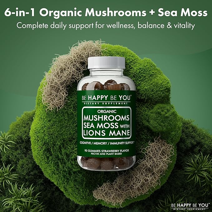 Organic Mushroom Sea Moss Gummies – Lion’s Mane, Reishi, Chaga, Cordyceps, Coriolus & Irish Moss – Cognitive & Immune Support – Vegan, Gelatin-Free, Pectin-Based – Watermelon – 90 Ct