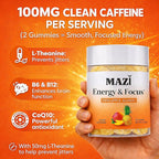 Energy & Focus Gummies | 100mg Natural Caffeine + L-Theanine + Vitamin B6 & B12 + CoQ10 | Nootropic Cognitive Brain Performance Supplement | No Crash or Jitters