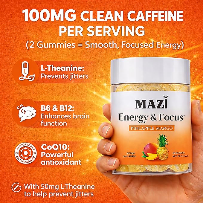Energy & Focus Gummies | 100mg Natural Caffeine + L-Theanine + Vitamin B6 & B12 + CoQ10 | Nootropic Cognitive Brain Performance Supplement | No Crash or Jitters