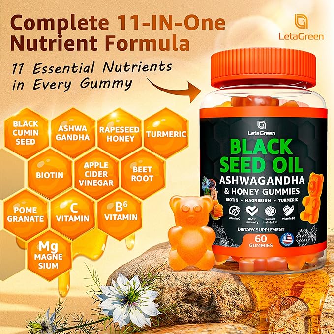 Black Seed Oil Gummies 500mg with Ashwagandha & Apple Cider Vinegar - Immune & Wellness Support Supplement with Vitamin C, Biotin, Turmeric - 60 Organic Gummy Bears for Hair & Skin