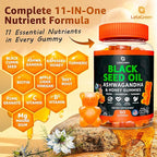 Black Seed Oil Gummies 500mg with Ashwagandha & Apple Cider Vinegar - Immune & Wellness Support Supplement with Vitamin C, Biotin, Turmeric - 60 Organic Gummy Bears for Hair & Skin