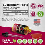 USDA Organic Vitamin B12 Sublingual Drops - 5000 mcg Liquid Vegan Methylcobalamin for Women & Men - Energy Boost, Focus & Mood, Brain Health Support - Maximize Absorption - 4 Month Supply, 4 fl oz