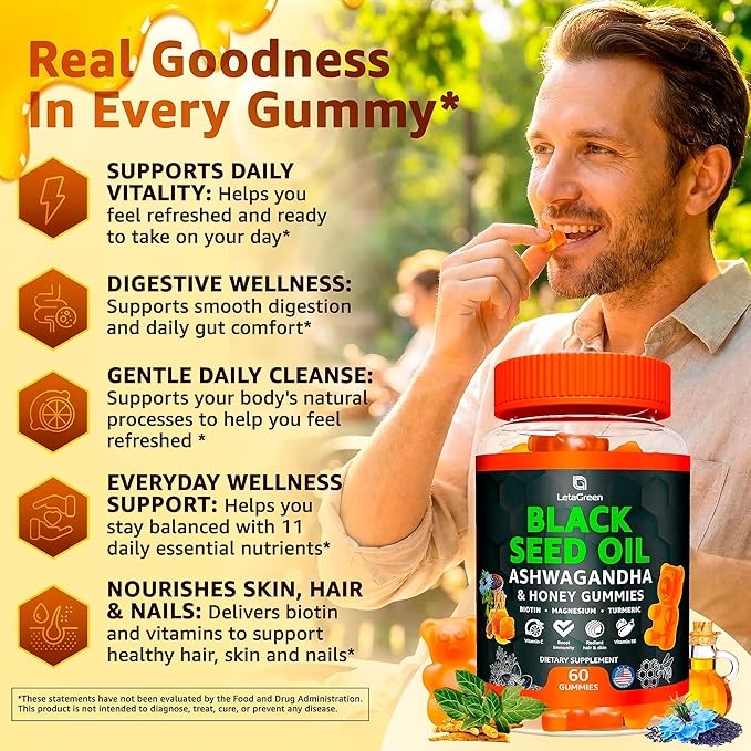 Black Seed Oil Gummies 500mg with Ashwagandha & Apple Cider Vinegar - Immune & Wellness Support Supplement with Vitamin C, Biotin, Turmeric - 60 Organic Gummy Bears for Hair & Skin