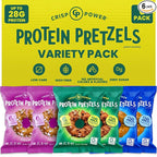 CRISP POWER Protein Pretzels, Variety Pack With Sea Salt, Sesame, & Everything, Up To 28G Protein, High Protein Snack, High Fiber, Low Carb Crunchy Pretzel Snacks, No Added Sugar, 1.75 oz Bags, 6 Pack, Vegan, Keto