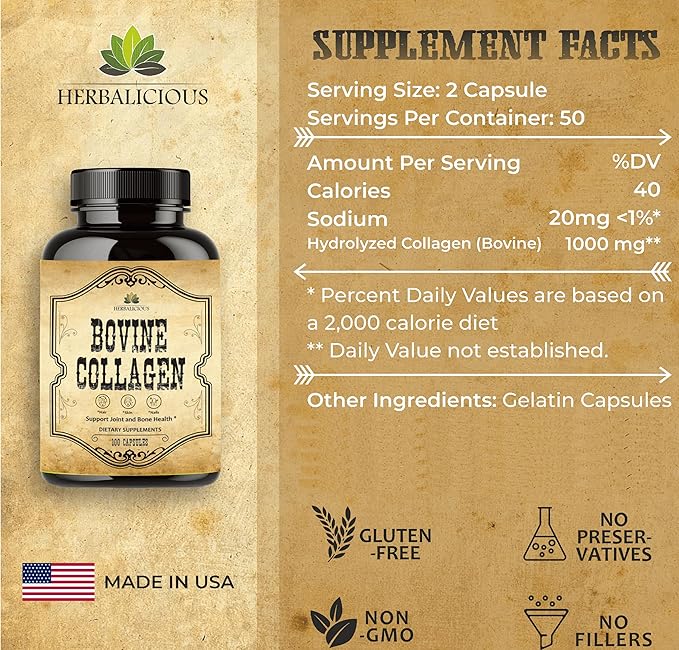 HERBALICIOUS Bovine Collagen Supplements for Men and Women | Hydrolyzed Grass-Fed Bovine Collagen Peptides | Joint, Nerve & Bone Support | Non-GMO, Anti-Aging | 100 Capsules