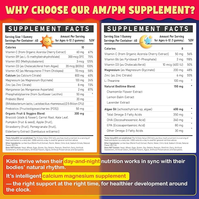 Kids Calcium Magnesium Supplement Gummies - Calcium Citrate 800mg with Magnesium Glycinate 200mg, L-Theanine, Vitamin D3 K2 & Omega-3 Multivitamin for Kids Day & Night Gummies - Vegan, Sugar Free