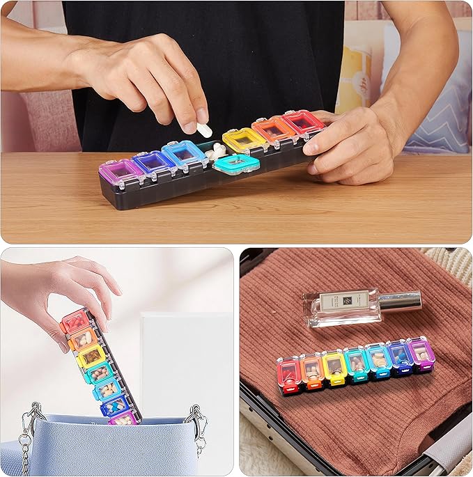Fullicon Weekly Pill Organizer 7 Day Ultra Moisture and Spill Proof Daily Pill Box, Large Medicine Case with Secure Buckle, Compact Travel Pill Container for Pill, Vitamin, & Fish Oil (Rainbow Black)