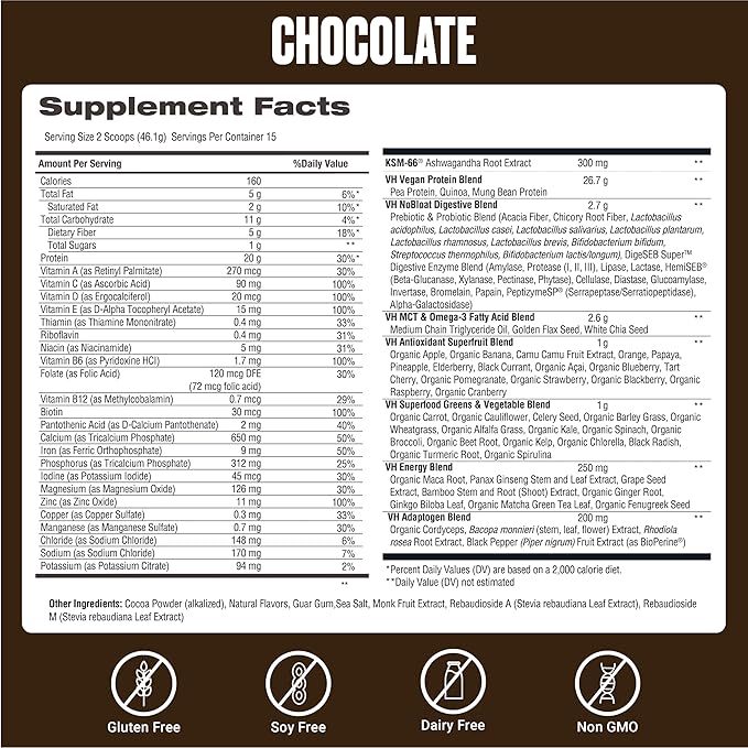 VitaHustle ONE Vegan Chocolate Protein Powder - 20g Plant Protein Meal Replacement with 86+ Superfoods & Greens, Probiotics + No Bloat Digestive Blend - Dairy Free, Gluten Free (15 Servings)