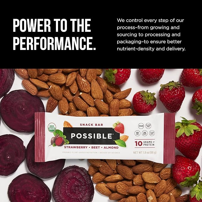 POSSIBLE Snack Bar - Whole Food Snack to Support a Healthy & Active Lifestyle - 10g of Organic Plant-Based Protein - Energy Support with Healthy Fats - Strawberry Beet Almond, 12 Count (Pack of 1)