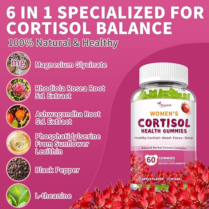 Cortisol Gummies For Women- Promote Relaxation and Support Mood- Natural Ingredients with Ashwagandha, Rhodiola Rosea, etc. Cortisol Manager Gummies for Adrenal Support,Vegan,Apple Flavor,120 Count