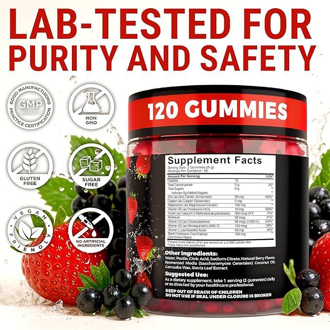 Immune Support Zinc Gummies 50mg with Elderberry Vitamin C and Zinc Supplements - Natural Antioxidant with Copper Vitamin D3 K2 Magnesium - Rich Berry Taste, Sugar-Free, 120 Gummies