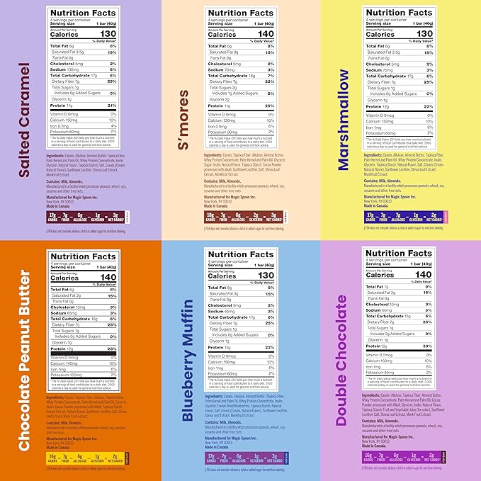 Magic Spoon Treats - 24 High Protein Bars: 4 each, Salted Caramel, Smores, Marshmallow, Chocolate Peanut Butter, Blueberry Muffin, Double Chocolate - High Protein Sugar & Gluten Free Snack