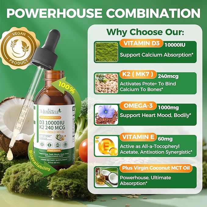 Mulittea Vitamin D3 K2 Liquid 10000 IU w/Vegan Omega-3 & Coconut MCT Oil - Maximum Strength Vitamin D Supplement, No Fillers, Non-GMO K2 as MK7 for Bones, Muscles & High Absorption-2 Fl Oz 1pack