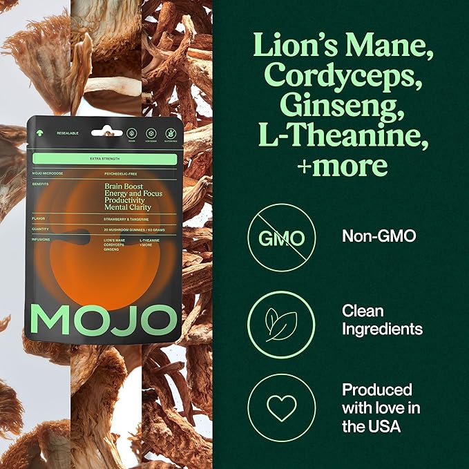 Mojo Extra Strength Focus Gummies with Lion’s Mane, Panax Ginseng, Ginger Root, Cordyceps, SAM-e, and Nootropics, Energy and Focus Supplement, Vegan, Strawberry Tangerine (2 Pack)
