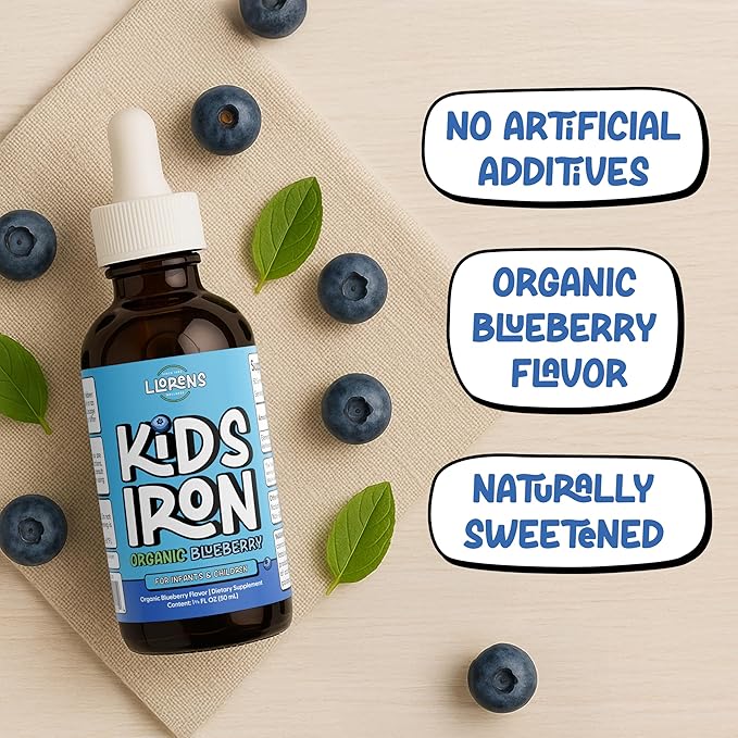 LLORENS PHARMACEUTICAL Kids Iron Supplement – Organic Blueberry Flavor – Iron Drops for Infants & Children – Sugar Free, Vegan, Gluten Free, No Artificial Flavors (1.7 oz, Organic Blueberry)