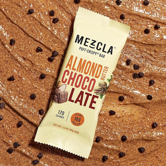 Mezcla Puff-Crispy Plant Based Protein Bars - Almond Butter Chocolate - Healthy Snacks for Adults & Kids - Perfect School, Travel, & Office Snacks - Gluten Free, Vegan, Non GMO, 10g Protein - 12 Count