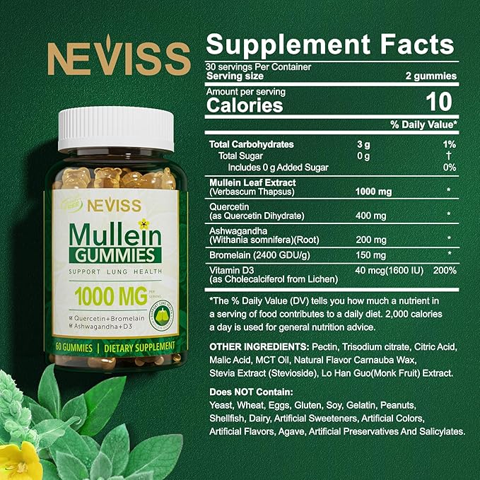 NEVISS Mullein Gummies for Lungs, Organic Mullein Leaf Extract 1000mg for Respiratory System with Quercetin & Bromelain, D3 for Digestive Support, Immune Booster, Sugar Free, Vegan, 60 Count